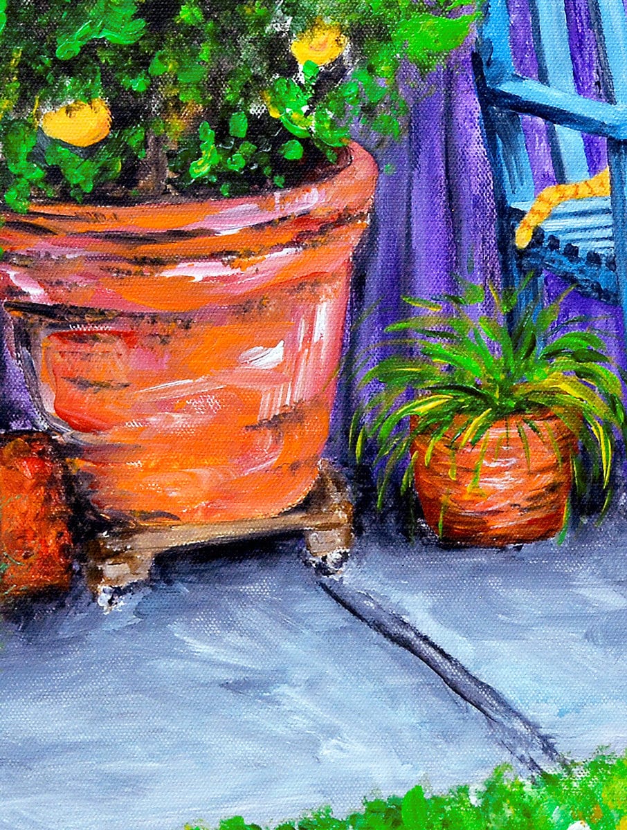 Orange Tabby Cat Art Print on CANVAS or PAPER - Cat Sitting on Bench in a Backyard Landscape. Ginger Tabby Painting by Krystle Cole