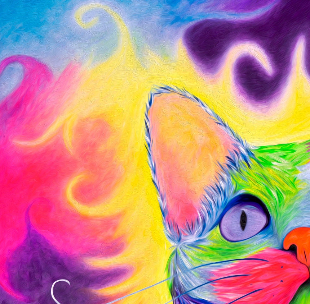 Rainbow Kitty Cat Painting - Psychedelic Cat Art Print on CANVAS or PAPER by Krystle Cole