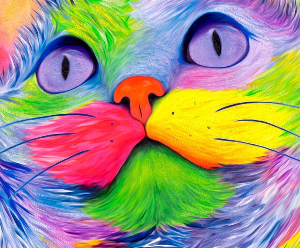 Rainbow Kitty Cat Painting - Psychedelic Cat Art Print on CANVAS or PAPER by Krystle Cole