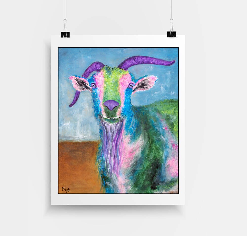 Goat Painting - Goat Gifts. Colorful Billy Goat Print by Krystle Cole