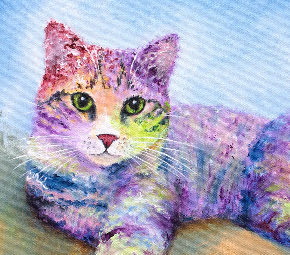 Painting of Two Cute Cats - Tabby Cat Art Print on Thick Archival PAPER. Colorful Cat Poster. Original Artwork by Krystle Cole
