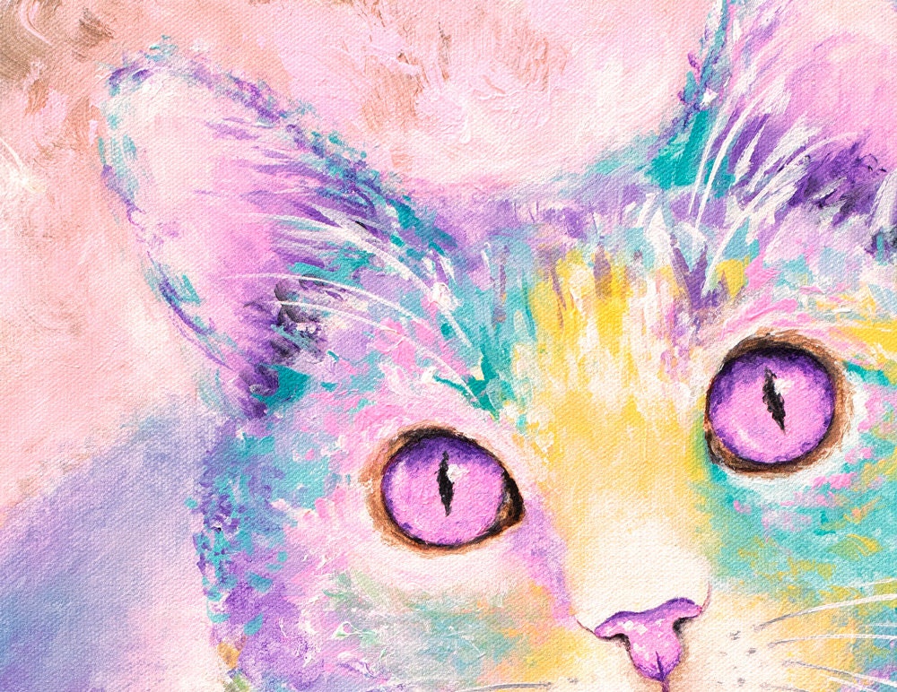Pink Cat Painting - Cat Art Print on CANVAS or PAPER. Cat Canvas Wall Art by Krystle Cole
