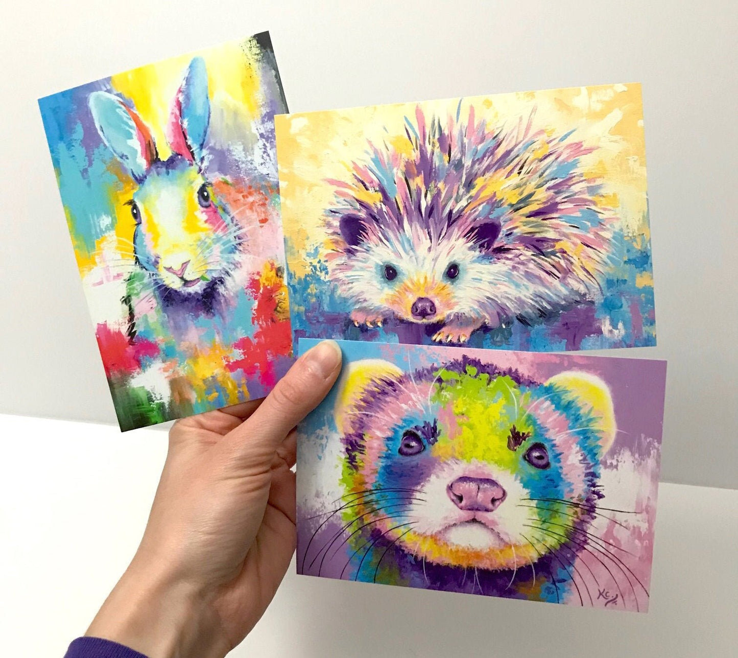 Woodland Animal Postcards - Ferret, Hedgehog, Bunny Rabbit. Set of 3. Rainbow Watercolor Art Cards by Krystle Cole