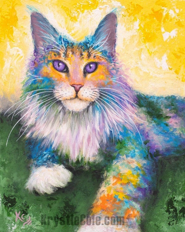 Maine Coon Cat Print - Cat Painting. Long-Haired Cat Art on CANVAS or PAPER by Krystle Cole