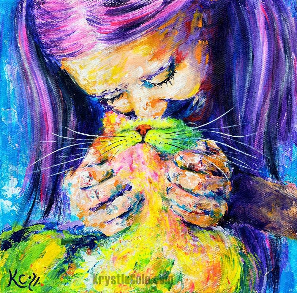 Cat Print - Cat Painting. Cat Lover Gift. Cat Gifts. Cat Portrait. Woman and Cat Art on CANVAS or PAPER by Krystle Cole