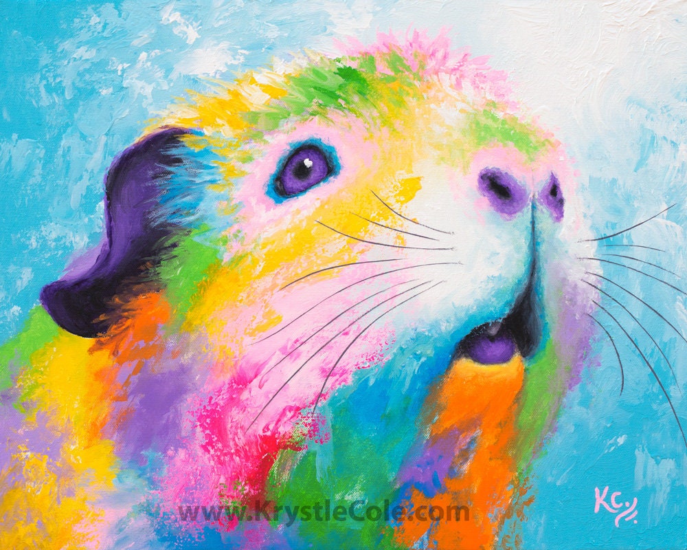 Guinea Pig Art Print on Paper or Canvas of Rainbow Pop Painting by Krystle Cole