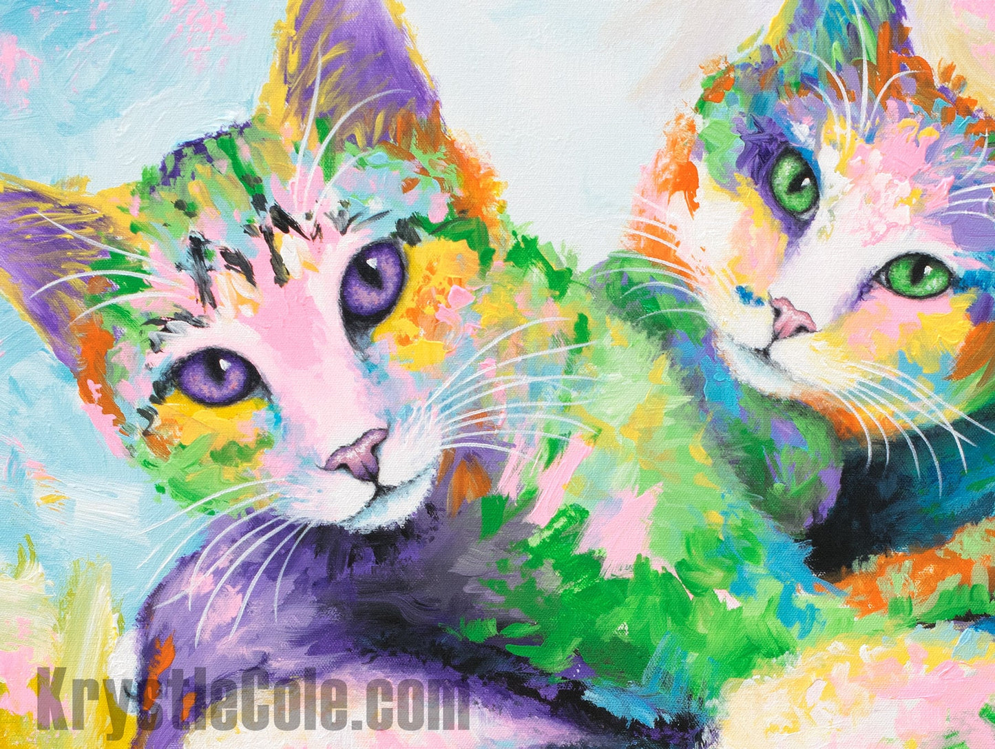 Colorful Cuddling Cats Art - Print on CANVAS or PAPER. Cute Cat Painting for Wall Decor or Gifts. Original Artwork by Krystle Cole