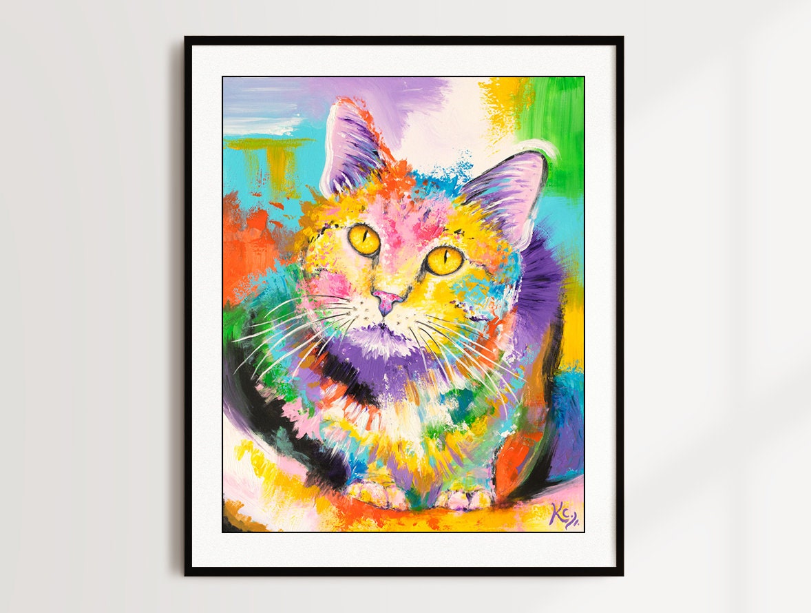 Abstract Cat Painting - Modern Cat Art Print on CANVAS or PAPER for Wall Decor or Gifts by Krystle Cole