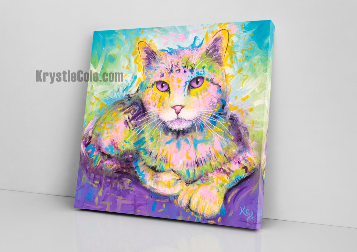 Polydactyl Cat Print - Rainbow Cat Art CANVAS or PAPER print. Cat Painting by Krystle Cole