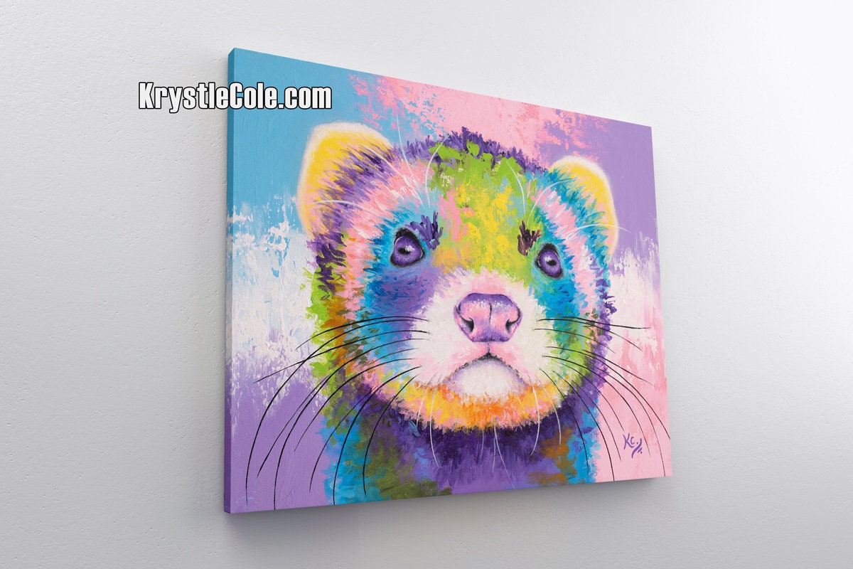 Ferret Art Print on Paper or Canvas of Rainbow Pop Painting by Krystle Cole