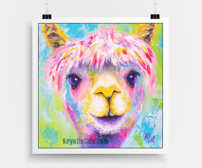 Rainbow Llama Alpaca Art Print on Paper or Canvas of Painting by Krystle Cole