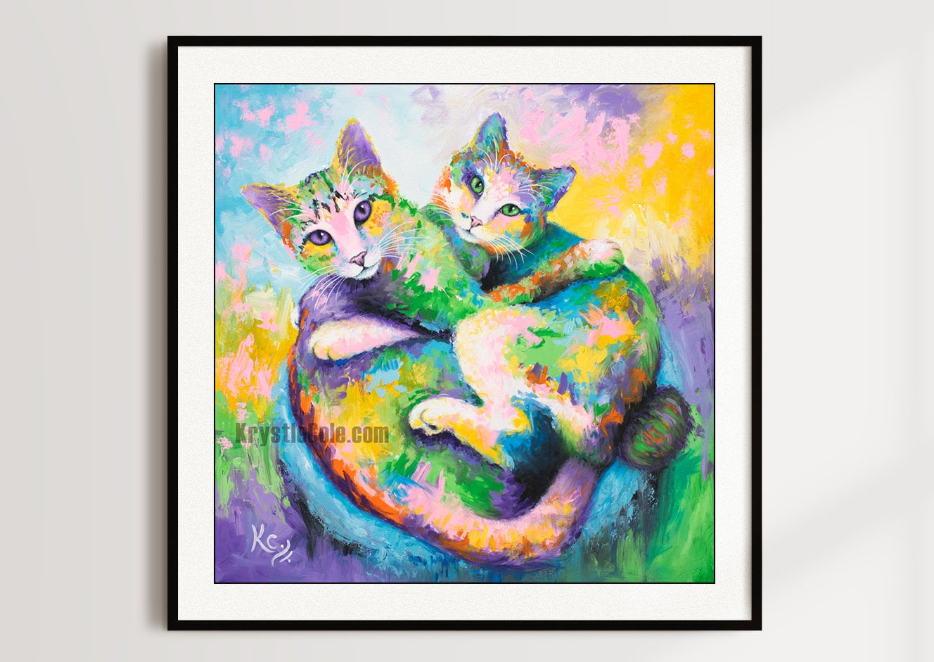 Colorful Cuddling Cats Art - Print on CANVAS or PAPER. Cute Cat Painting for Wall Decor or Gifts. Original Artwork by Krystle Cole