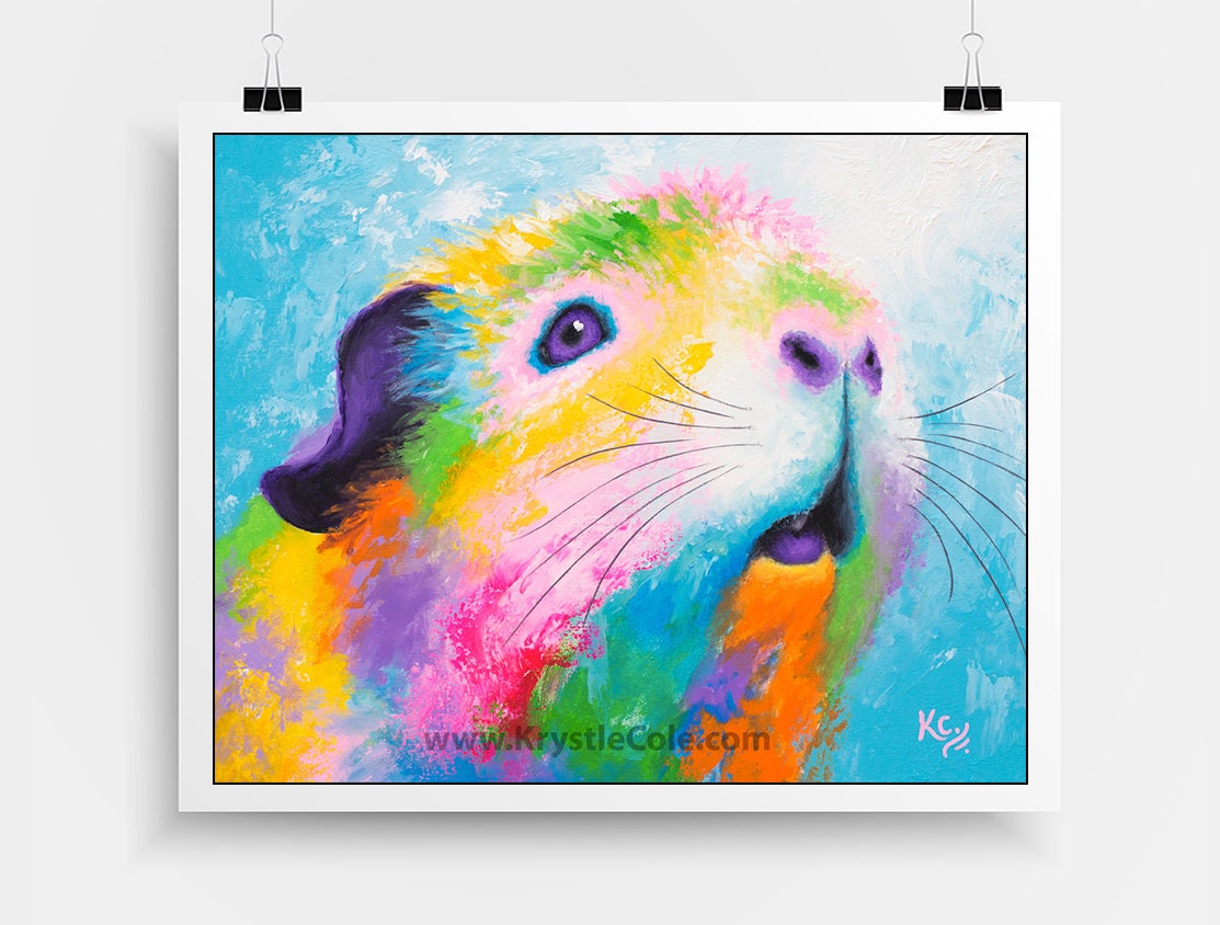 Guinea Pig Art Print on Paper or Canvas of Rainbow Pop Painting by Krystle Cole