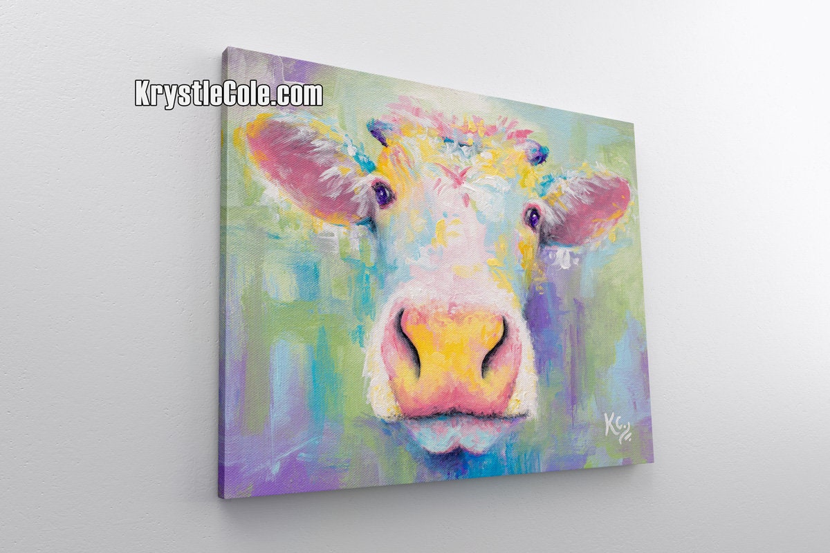 Cow Art on Paper or Canvas - Farm Animal Artwork. Print of Cow Painting "Spring Cow" by Krystle Cole