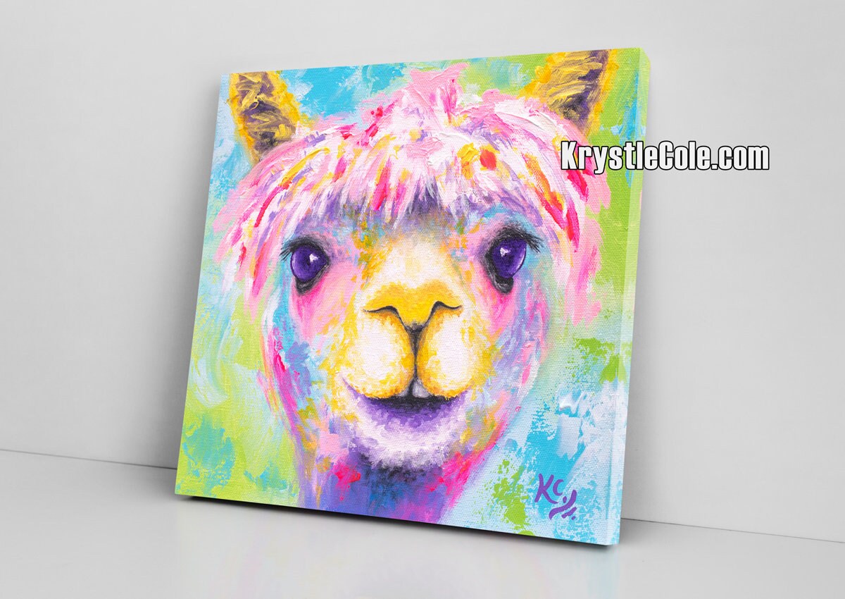 Rainbow Llama Alpaca Art Print on Paper or Canvas of Painting by Krystle Cole