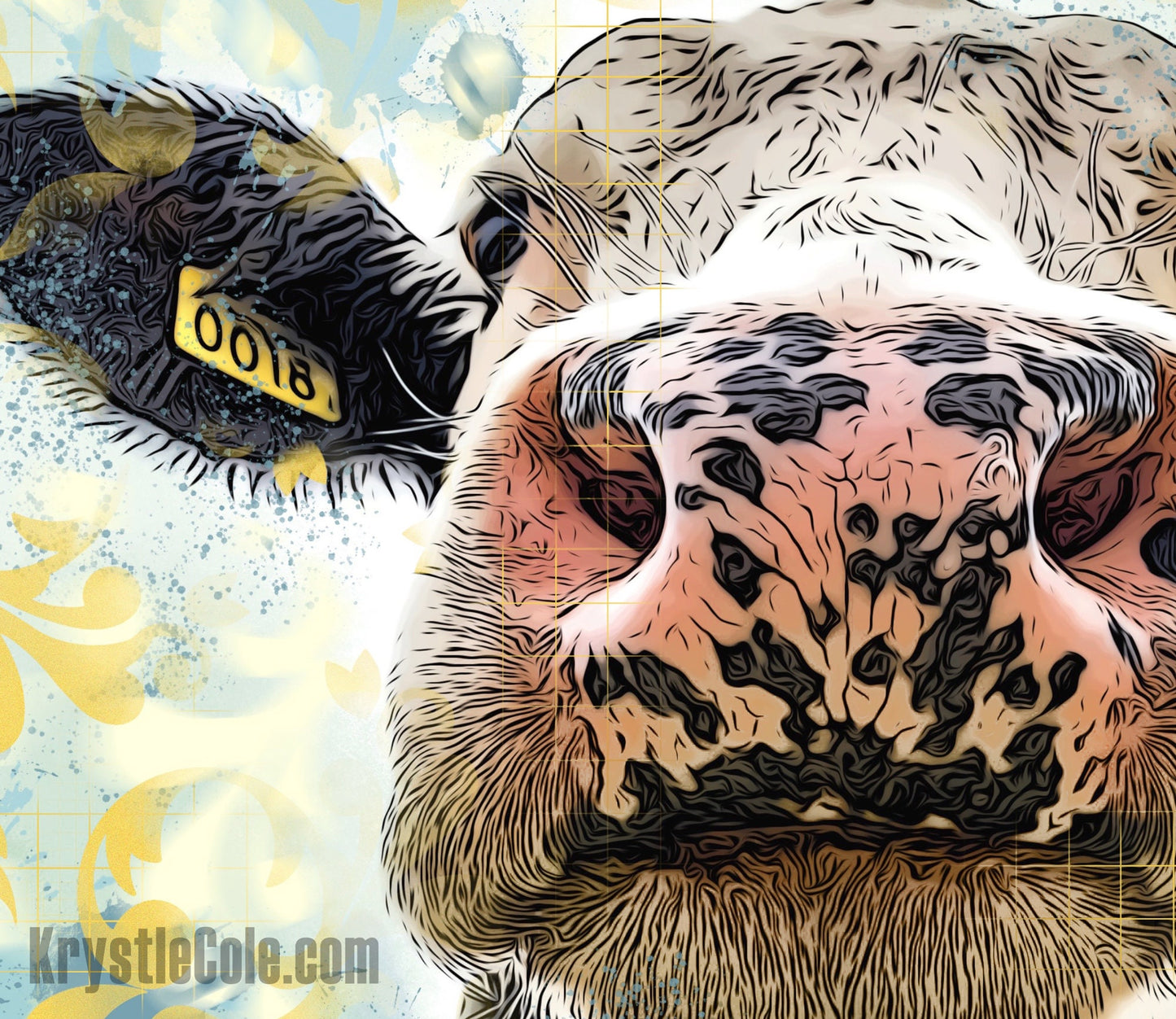 Cow Wall Art - Cow Print. Cow Gifts. Yellow and Blue Heffer. Female Cow Artwork on CANVAS or PAPER *Each Print Hand Signed*