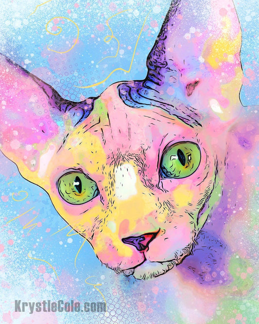 Hairless Cat Art - Sphynx Cat Print. Sphinx Cat Artwork on CANVAS or PAPER by Krystle Cole *Each Print Hand Signed*