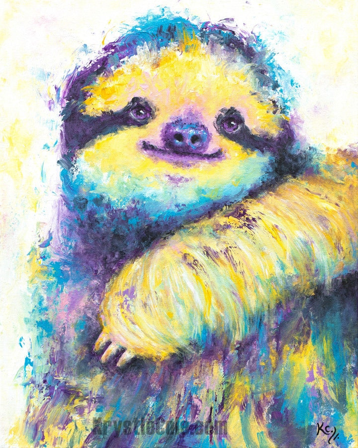 Sloth Art - Sloth Gifts. Sloth Print on CANVAS or PAPER. Sloth Painting by Krystle Cole