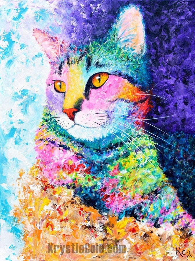 Tabby Cat Art - Cat Painting. Colorful Cat Print on CANVAS or PAPER by Krystle Cole