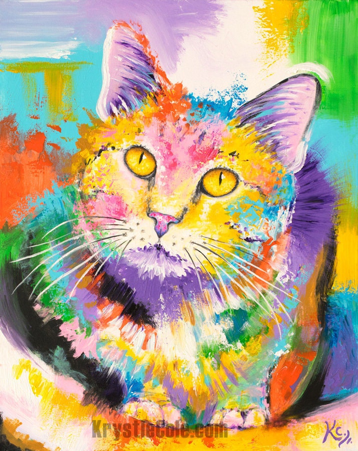 Abstract Cat Painting - Modern Cat Art Print on CANVAS or PAPER for Wall Decor or Gifts by Krystle Cole