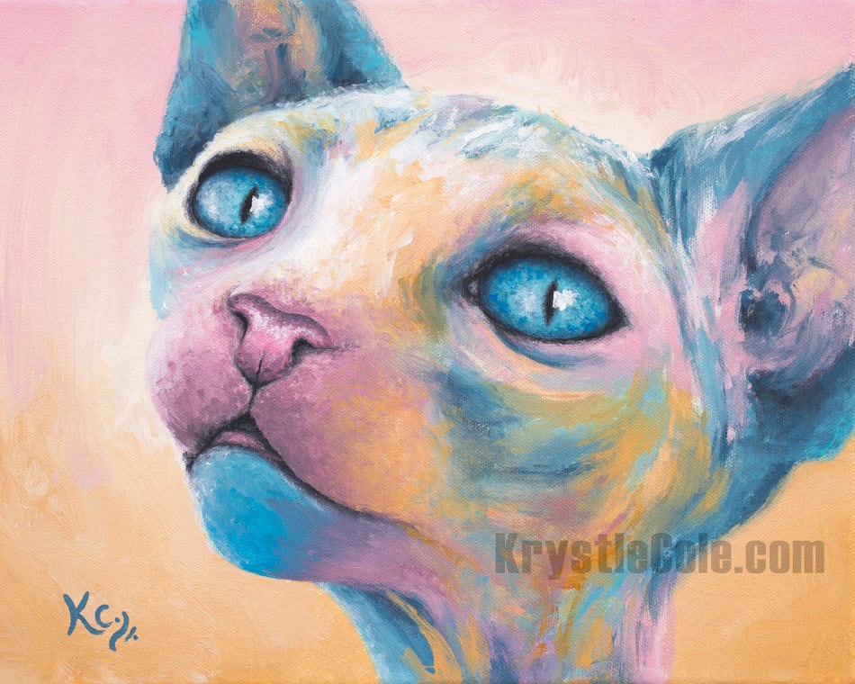 Sphynx Cat Print - Hairless Cat Painting. Sphinx Cat Decor on CANVAS or PAPER by Krystle Cole