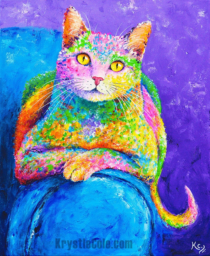 Colorful Cat Art on CANVAS or PAPER - Cat Portrait. Cat Poster. Cat Nursery Art. Modern Cat Painting. Cat Wall Art Print by Krystle Cole