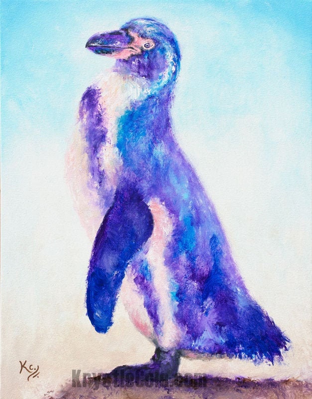 Penguin Art - Penguin Print on CANVAS or PAPER. Colorful Humboldt Penguin Painting by Krystle Cole