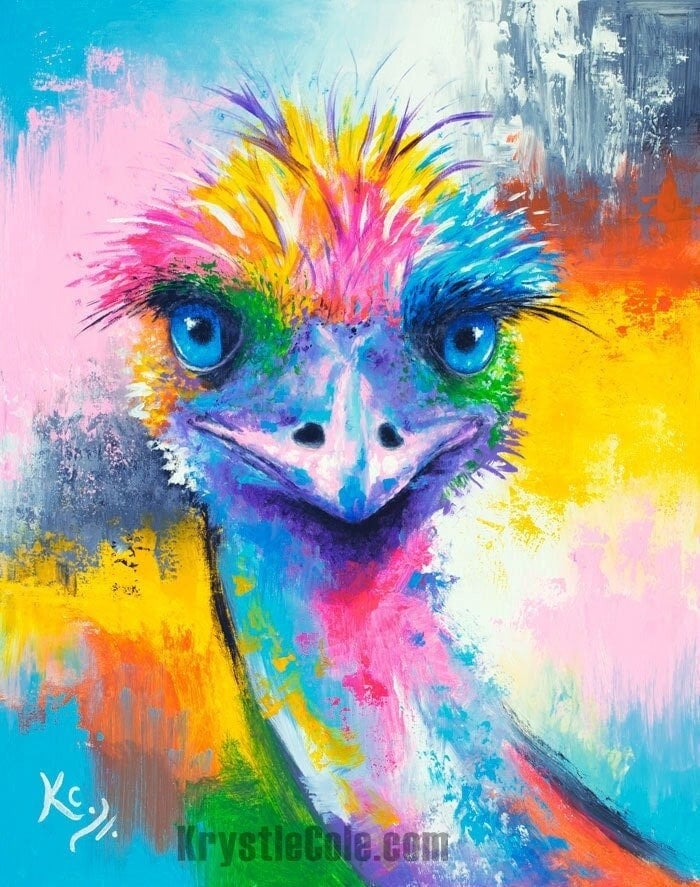 Ostrich Art, Emu Art, Print on CANVAS or PAPER. Bird Painting by Krystle Cole