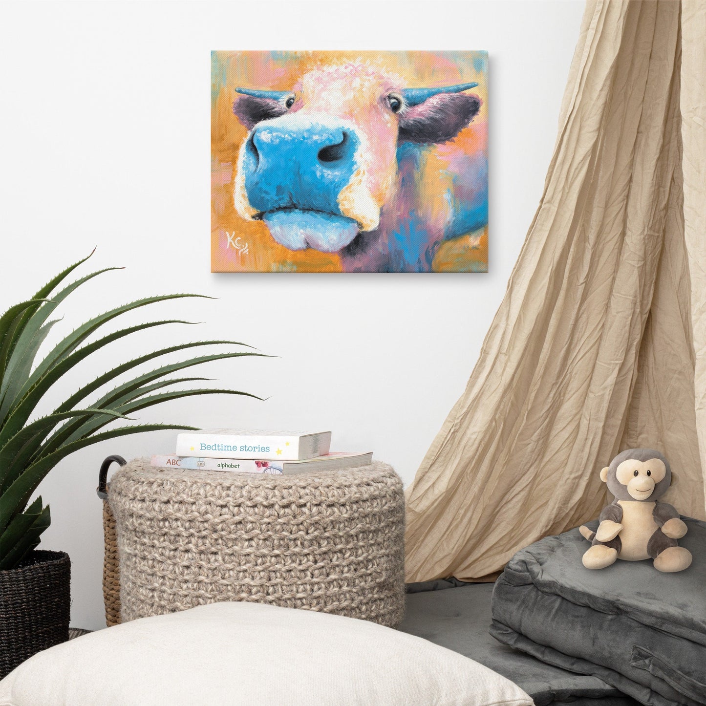 Blue Cow Painting - Cow Print. Cow Wall Art on CANVAS or PAPER by Krystle Cole