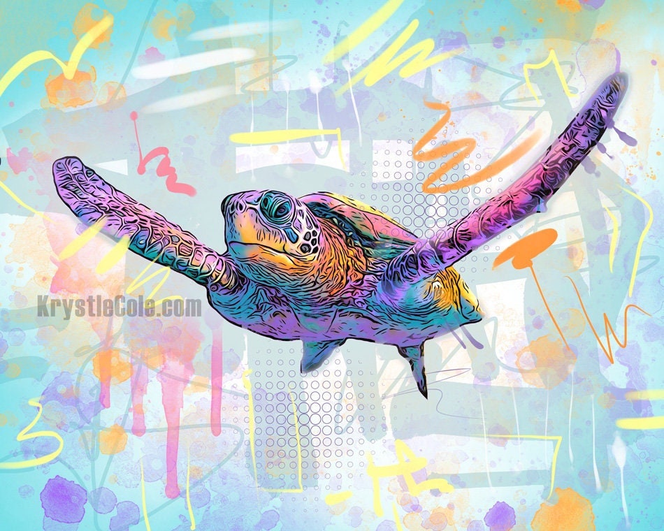 Sea Turtle Art Print on CANVAS or PAPER for Wall Decor or Gifts. Original Artwork by Krystle Cole *Each Print Hand Signed*
