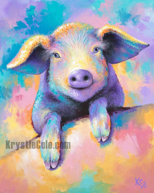 Pig Art on CANVAS or PAPER - Baby Pig Wall Art. Piglet Print. Colorful Pig Painting by Krystle Cole