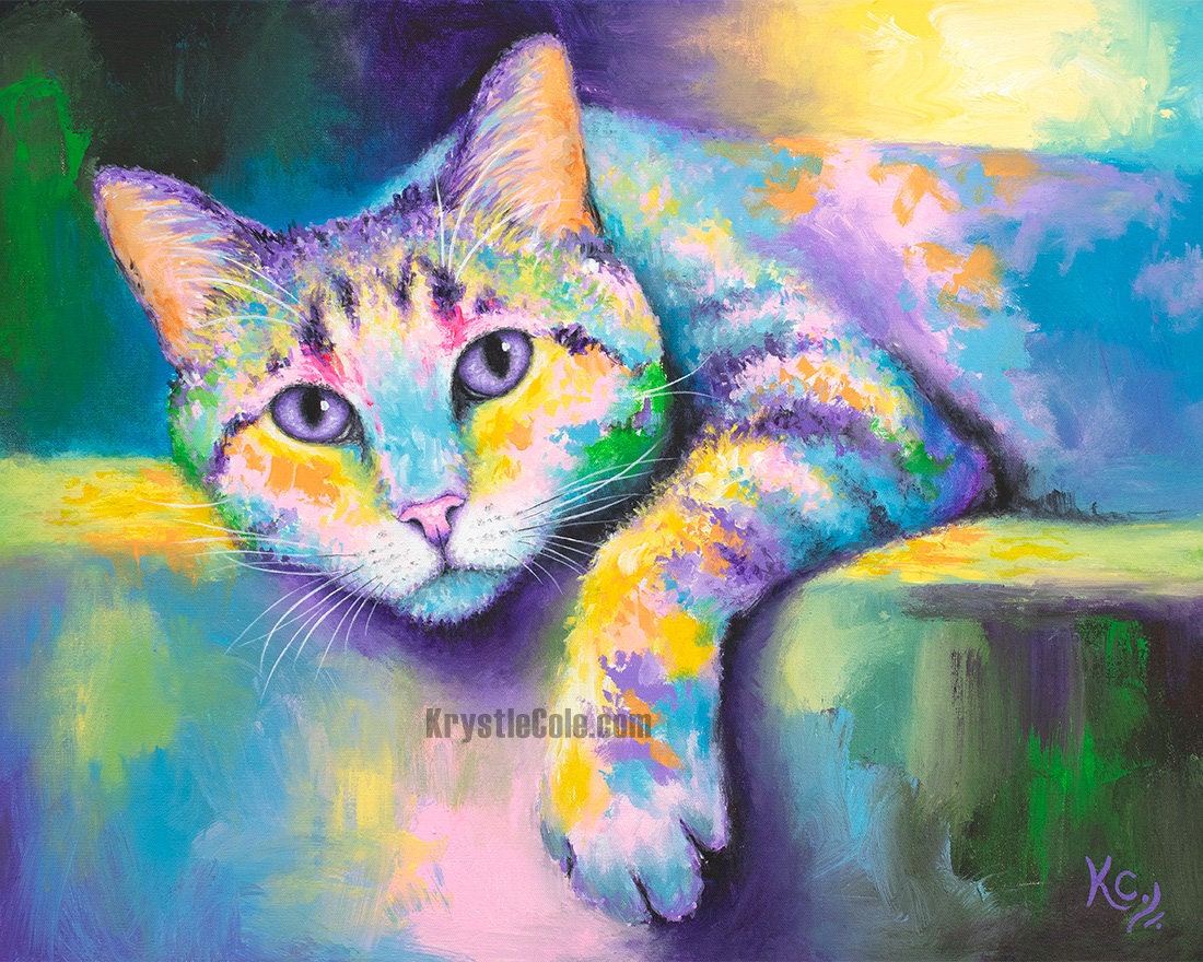 Colorful Cat Painting - Rainbow Cat Art. Tabby Cat Print on CANVAS or PAPER by Krystle Cole