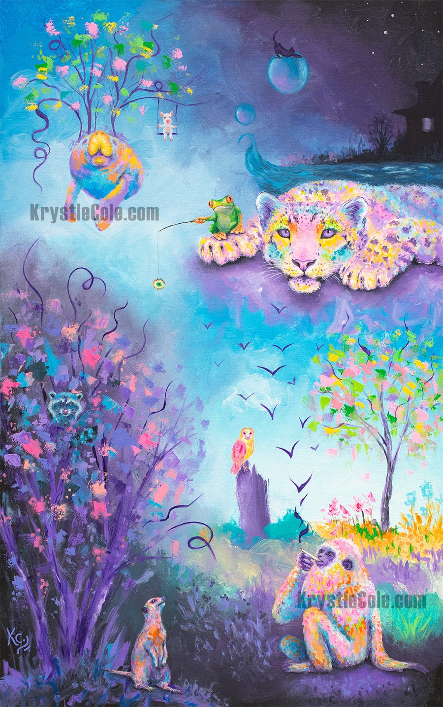 Visionary Art - Surreal Fantasy Painting with Snow Leopard, Raccoon, Frog, & More Animals! Print of "Gibbon Me A Head Trip" by Krystle Cole