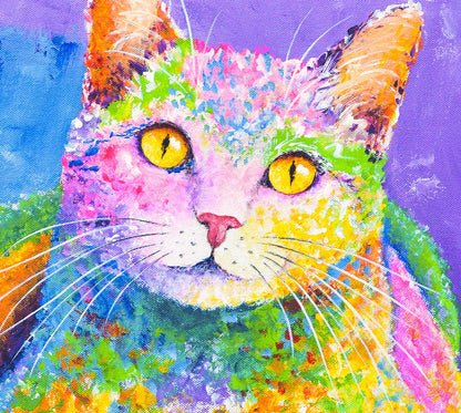 Colorful Cat Art on CANVAS or PAPER - Cat Portrait. Cat Poster. Cat Nursery Art. Modern Cat Painting. Cat Wall Art Print by Krystle Cole
