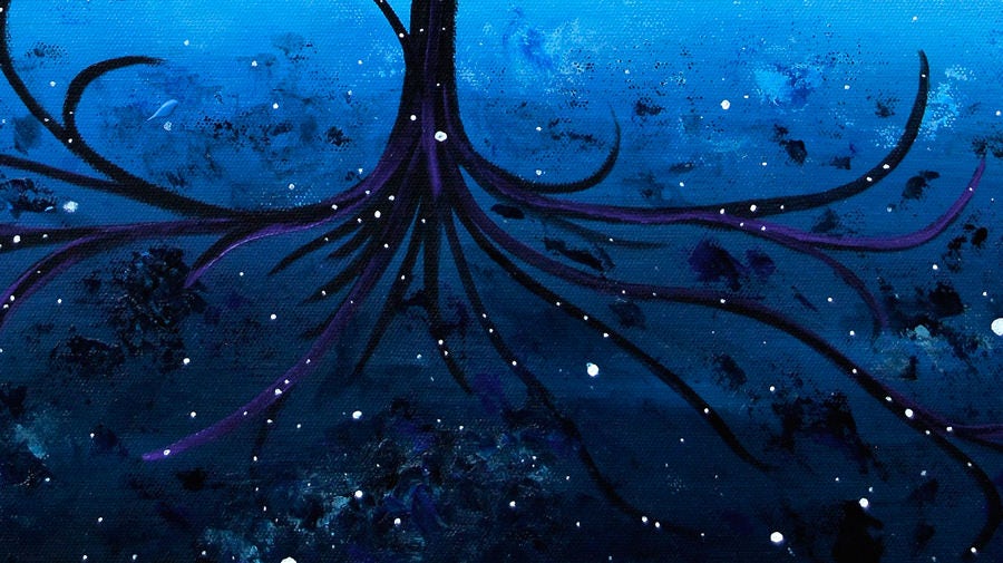 Tree of Life Art Print on PAPER or CANVAS- Surreal Night Fantasy Landscape with Stars and Space. "Cosmic Life Tree" by Krystle Cole