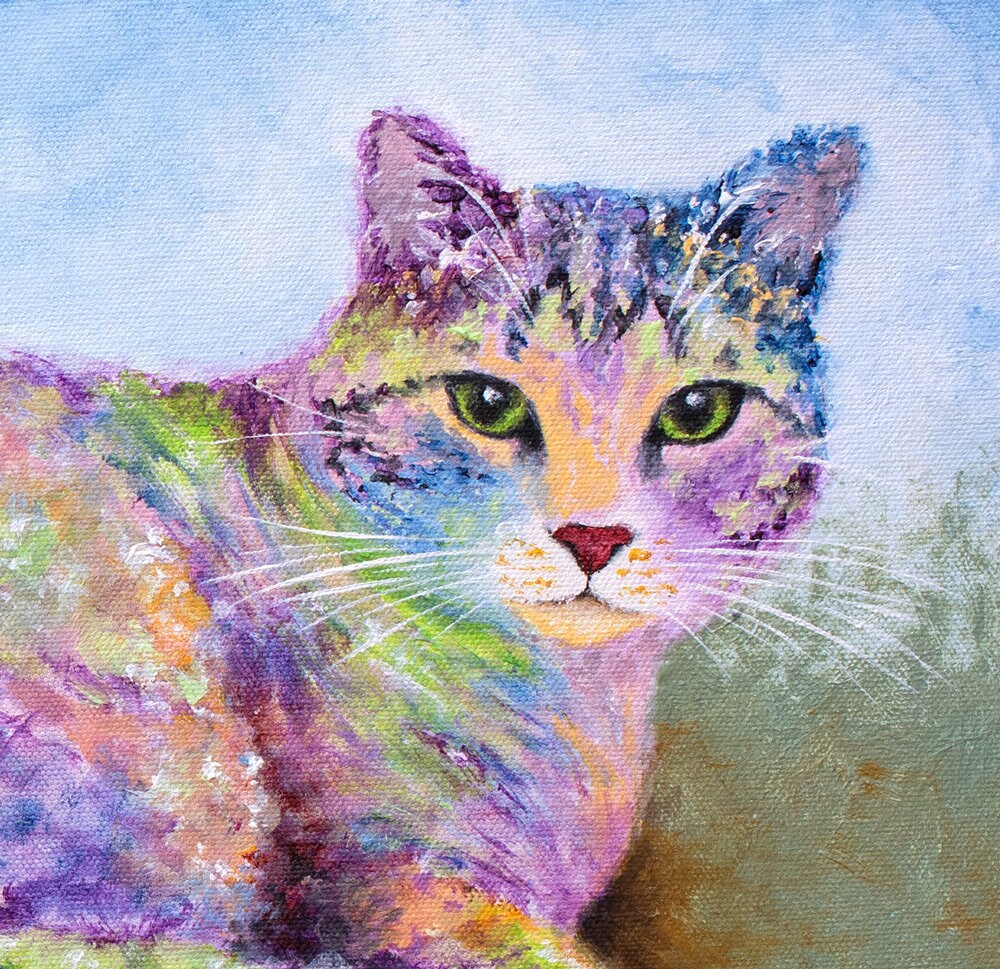 Painting of Two Cute Cats - Tabby Cat Art Print on Thick Archival PAPER. Colorful Cat Poster. Original Artwork by Krystle Cole