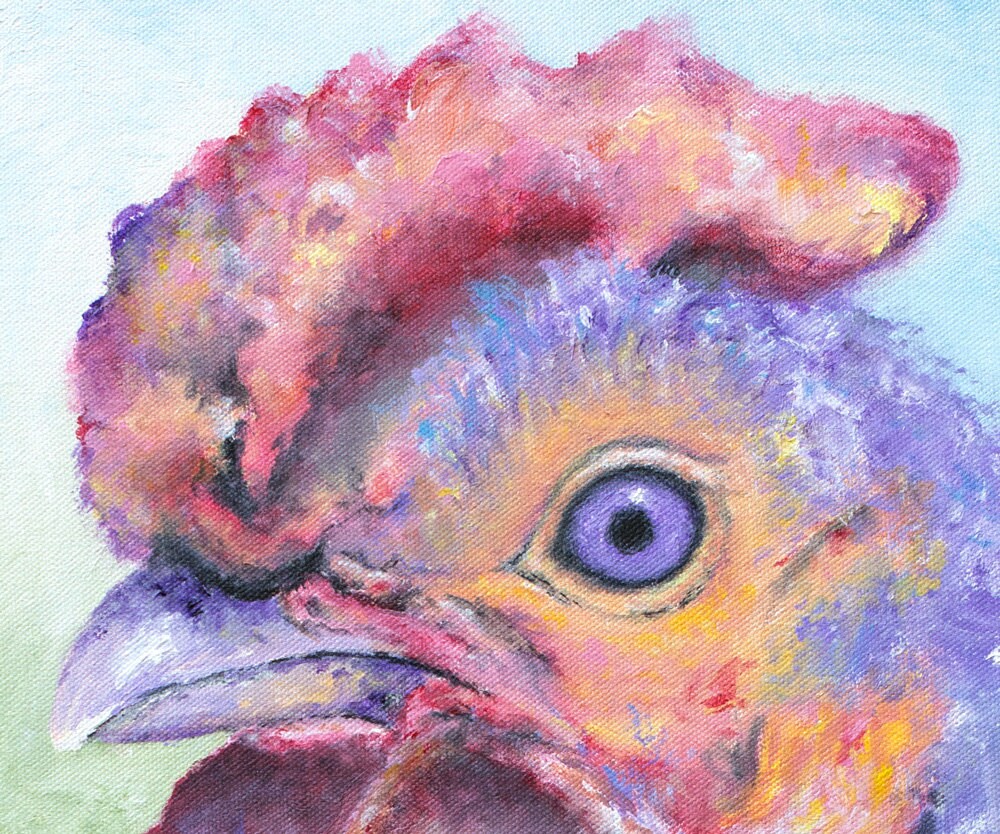 Purple Chicken Painting - Chicken Lover Gift. Rooster Art on CANVAS or PAPER by Krystle Cole