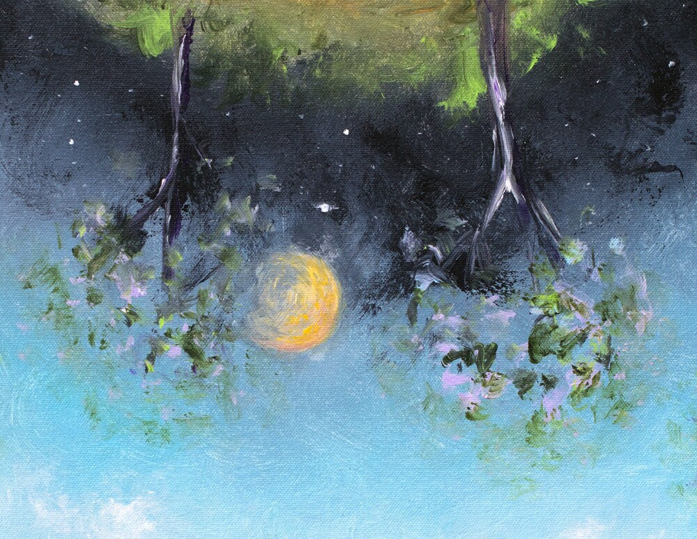 Boho Wall Decor - Surreal Visionary Art Print, Abstract Landscape w/ Night Sky, Space, Trees. "On the Path" by Krystle Cole