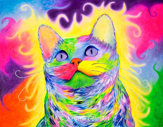 Rainbow Kitty Cat Painting - Psychedelic Cat Art Print on CANVAS or PAPER by Krystle Cole