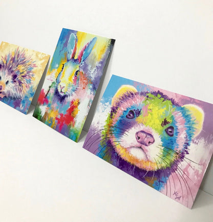 Woodland Animal Postcards - Ferret, Hedgehog, Bunny Rabbit. Set of 3. Rainbow Watercolor Art Cards by Krystle Cole