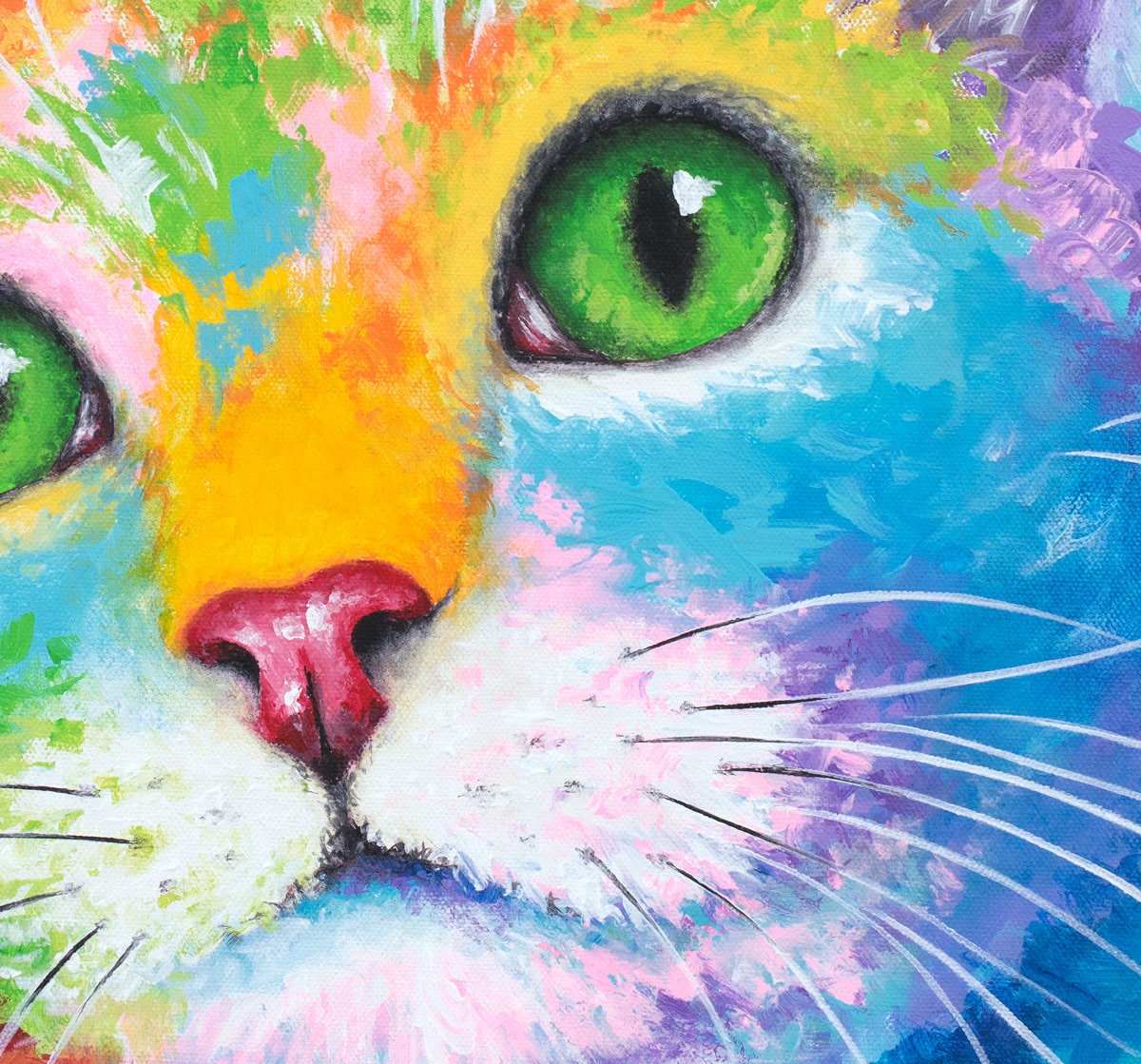 Rainbow Cat Print - Beautiful Cat Painting. Psychedelic Cat Art on CANVAS or PAPER. "Kitty with Green Eyes" by Krystle Cole