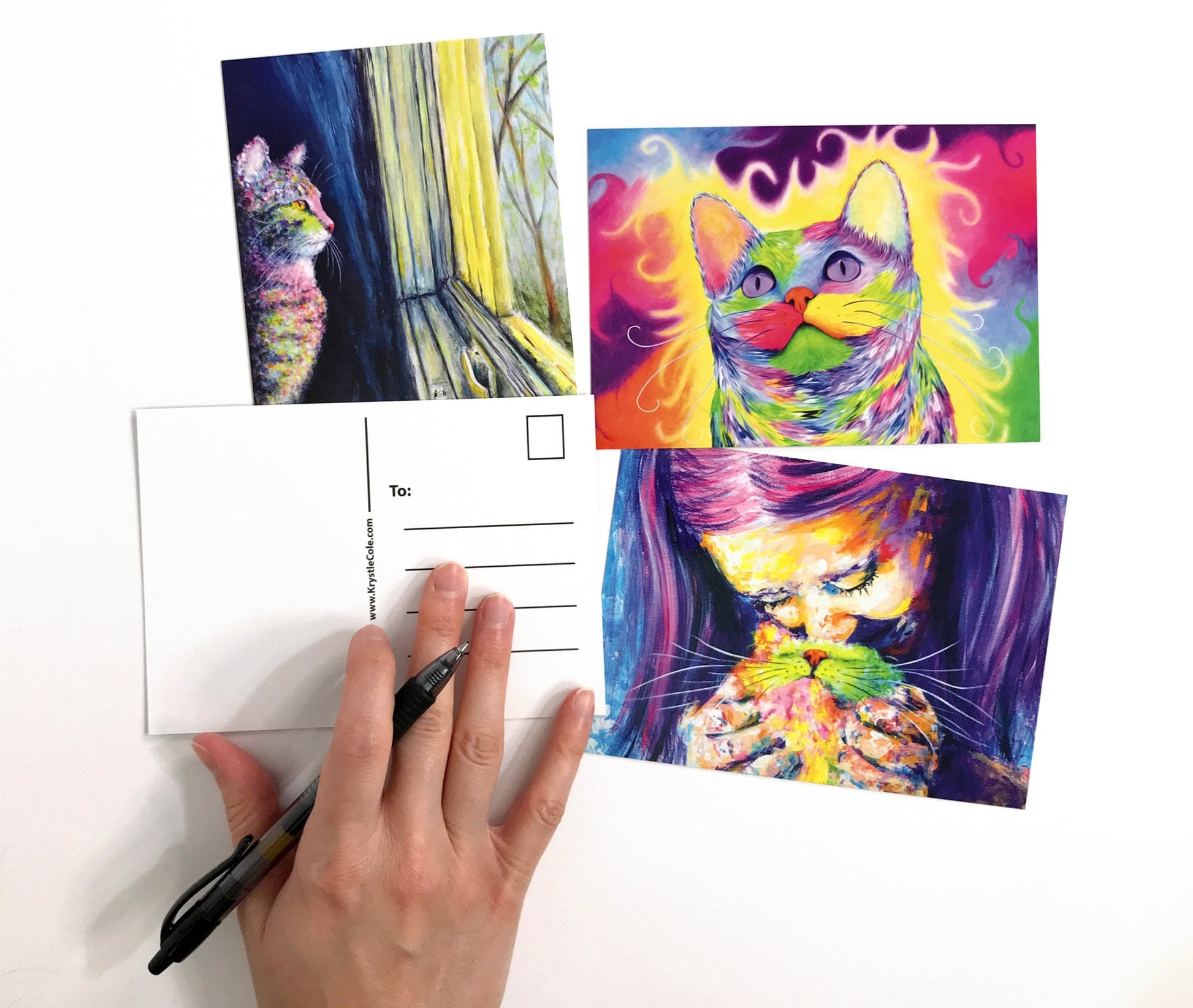 Cat Postcard Set of 3 - Rainbow Cat Postcards, Cat Lover Gifts. Cat Art Post Cards based on Paintings by Krystle Cole