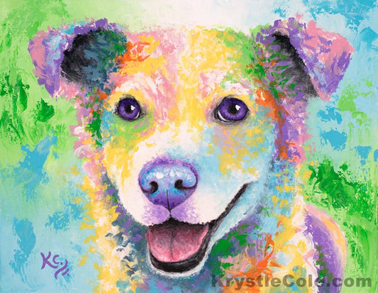 Rainbow Dog Art Print CANVAS or PAPER. Wall decor dog lover gift. Painting by Krystle Cole