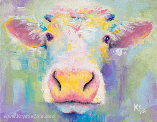 Cow Art on Paper or Canvas - Farm Animal Artwork. Print of Cow Painting "Spring Cow" by Krystle Cole