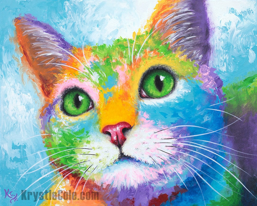 Rainbow Cat Print - Beautiful Cat Painting. Psychedelic Cat Art on CANVAS or PAPER. "Kitty with Green Eyes" by Krystle Cole