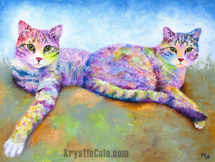 Painting of Two Cute Cats - Tabby Cat Art Print on Thick Archival PAPER. Colorful Cat Poster. Original Artwork by Krystle Cole