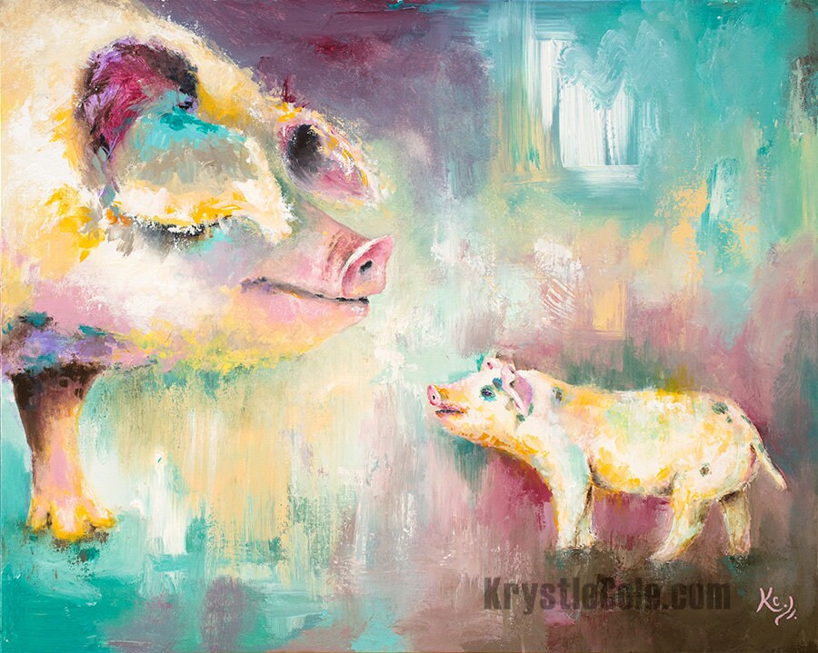 Pig Art on CANVAS or PAPER - Pig Mom & Piglet Print for Wall Decor. Pig Lover Gift. Mother Pig and Baby Artwork. Painting by Krystle Cole