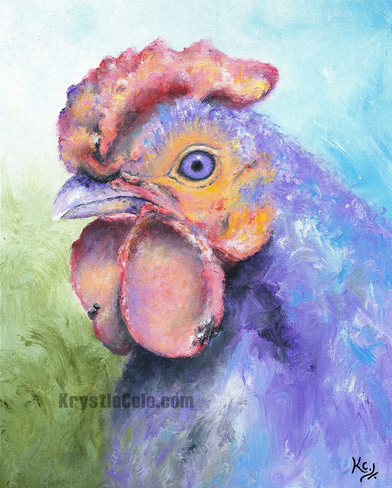 Purple Chicken Painting - Chicken Lover Gift. Rooster Art on CANVAS or PAPER by Krystle Cole