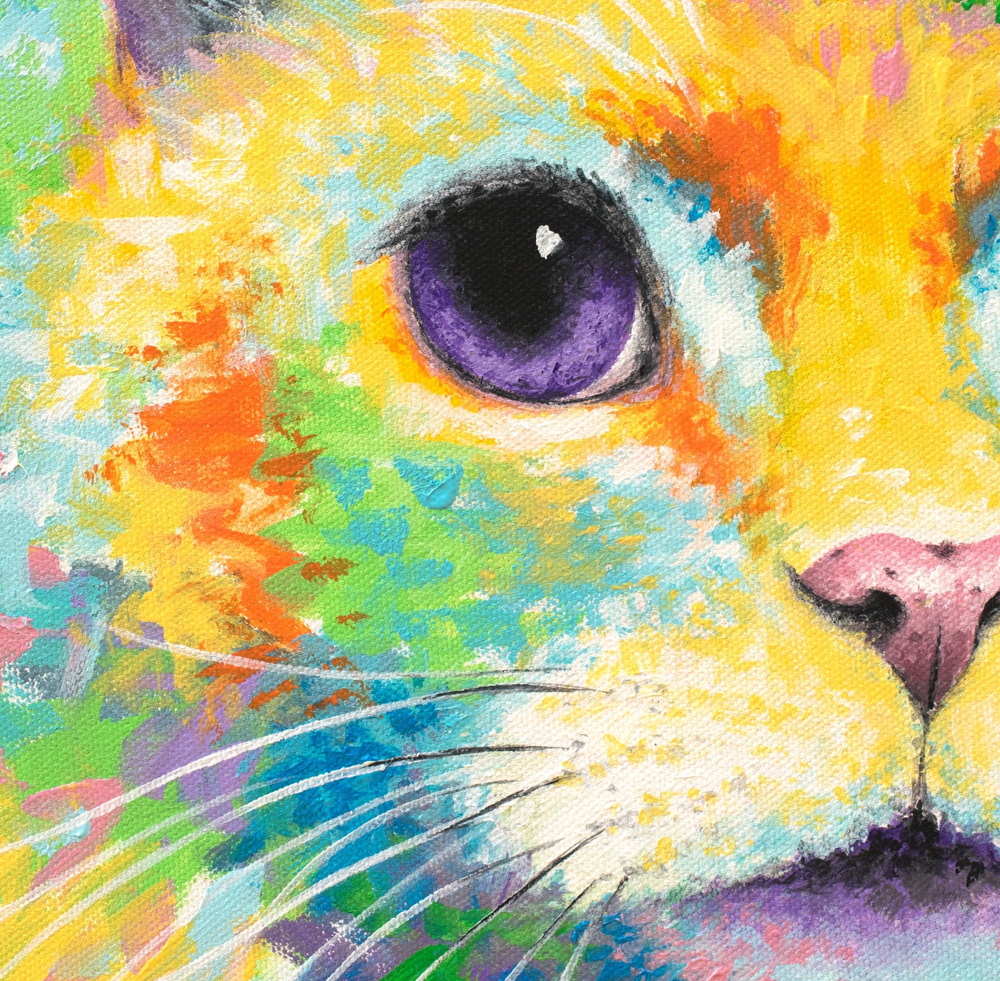 Colorful Cat Art Print on CANVAS or PAPER for Wall Decor or Gifts. Cat Artwork by Krystle Cole