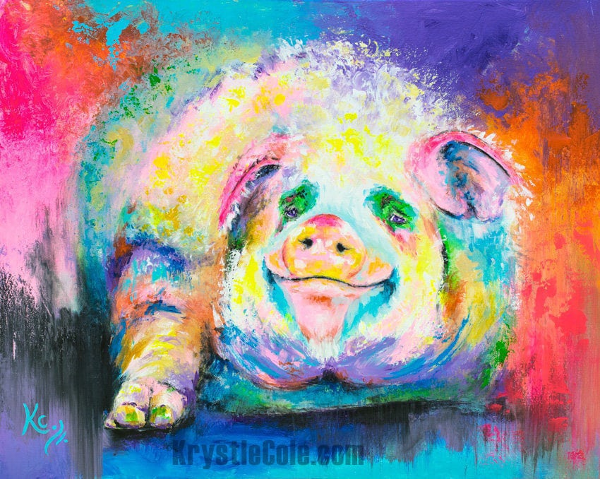 Pig Painting - Colorful Pig Art Print on CANVAS or PAPER by Krystle Cole